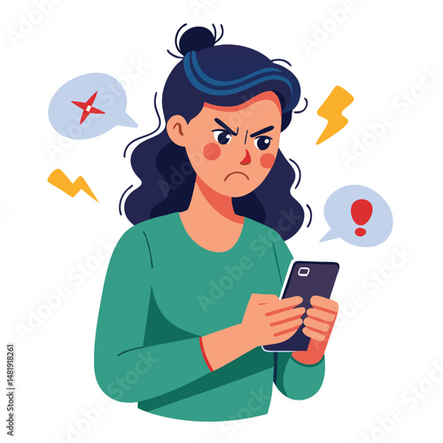Angry woman online, texting hate comment on mobile phone. Aggressive person with smartphone, chatting in social media, internet conflict. Flat vector illustration isolated on white background 