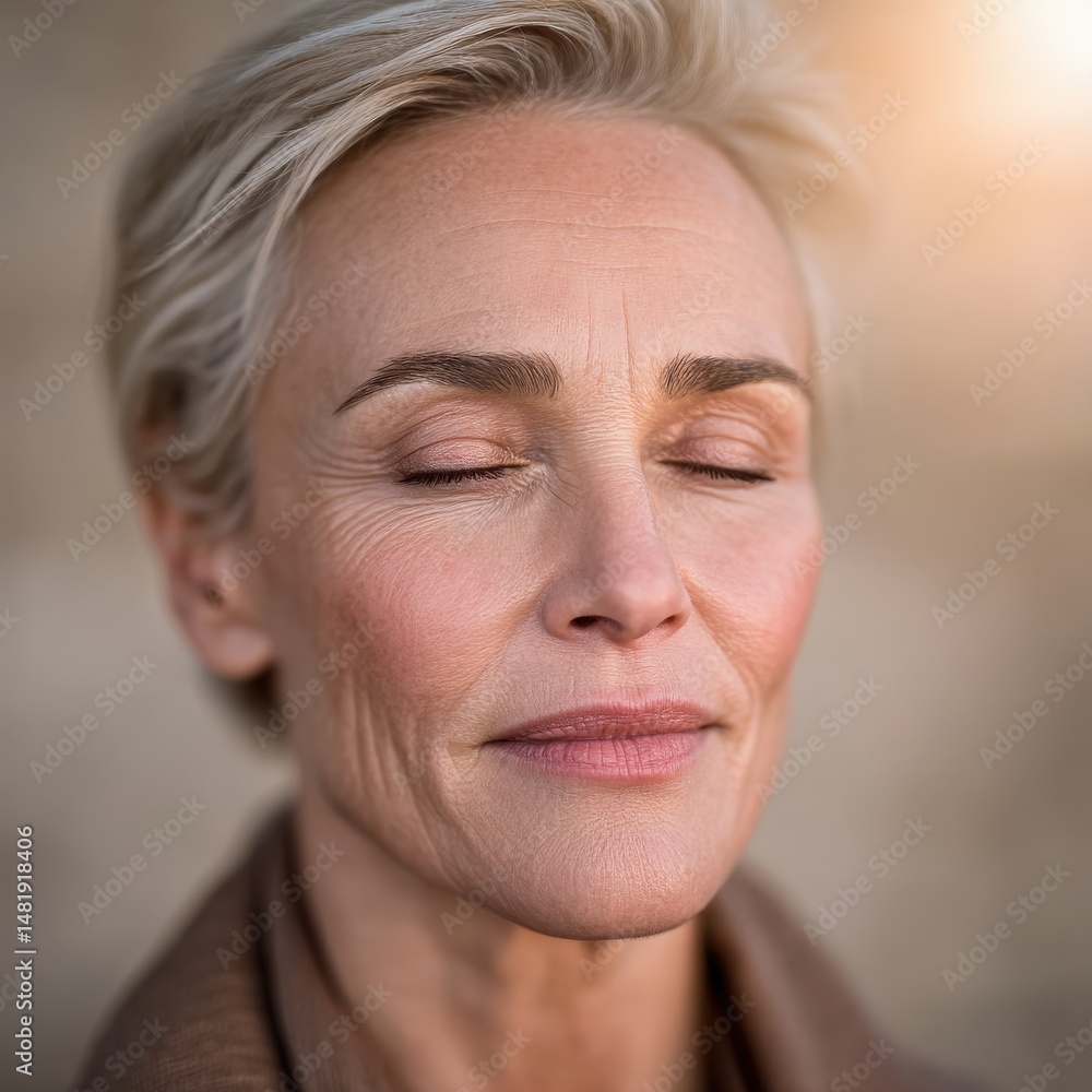 Calm and serene portrait of a mature woman meditating outdoors with eyes closed showcasing natural beauty and inner peace illuminated by soft sunlight in a tranquil atmosphere Calm and serene portrait of a mature woman meditating outdoors with eyes closed showcasing natural beauty and inner peace illuminated by soft sunlight in a tranquil atmosphere