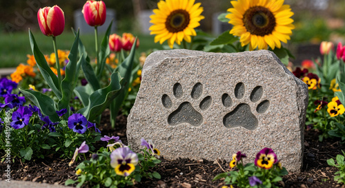 the square stone for two pets memorial with paw prints in the blooming flowerbed