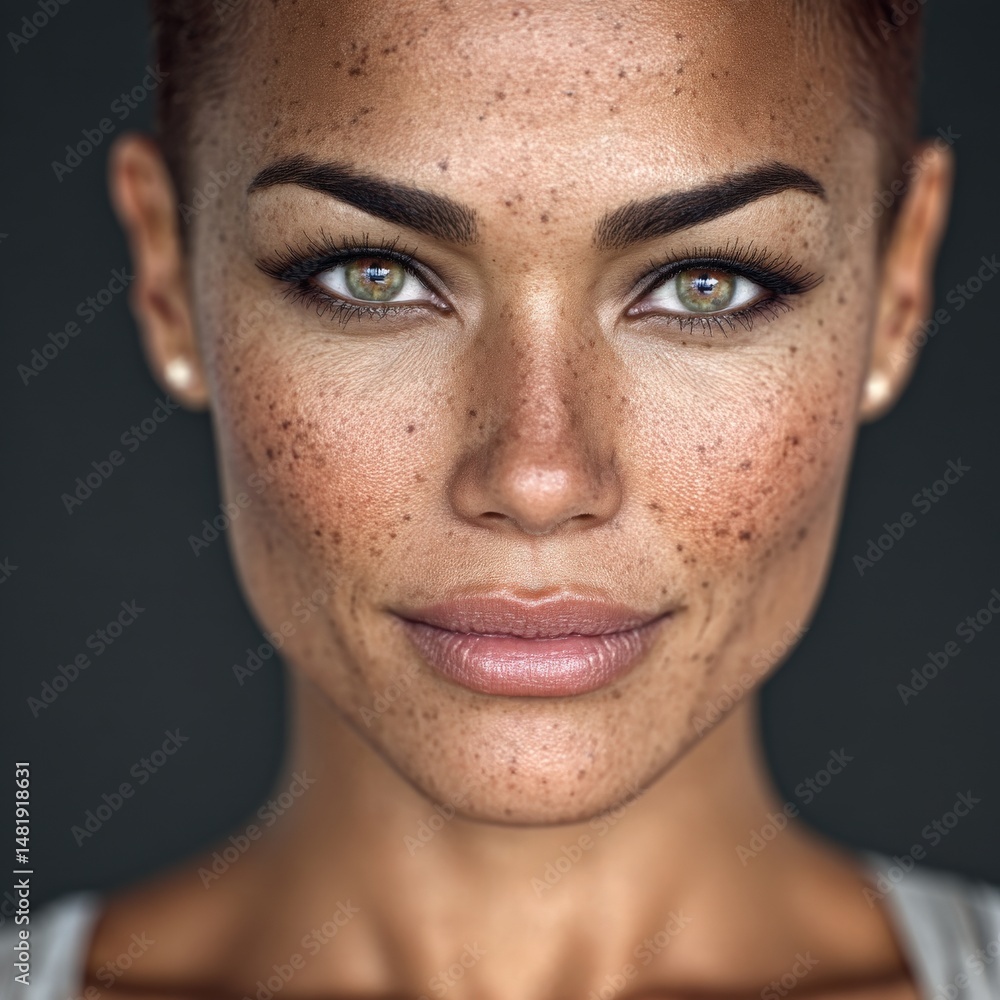 Obraz premium Captivating portrait of a confident woman displaying unique freckles, striking green eyes, and flawless skin illuminated by soft lighting in an artistic and intimate composition