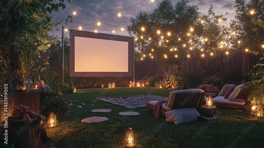 intimate outdoor cinema setup in a backyard with a blank screen, cozy seating, and string lights, creating a warm, inviting atmosphere under evening light intimate outdoor cinema setup in a backyard with a blank screen, cozy seating, and string lights, creating a warm, inviting atmosphere under evening light