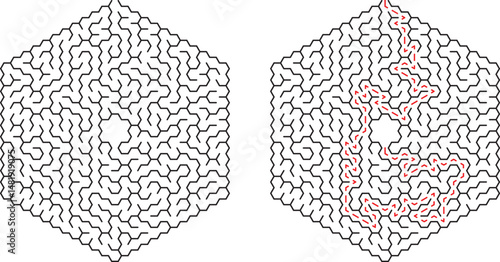 Complex hexagonal maze puzzle with path highlighted in red for strategic problem solving
