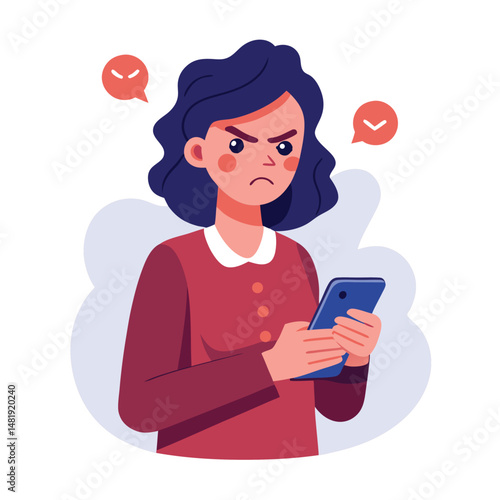 Angry woman online, texting hate comment on mobile phone. Aggressive person with smartphone, chatting in social media, internet conflict. Flat vector illustration isolated on white background 