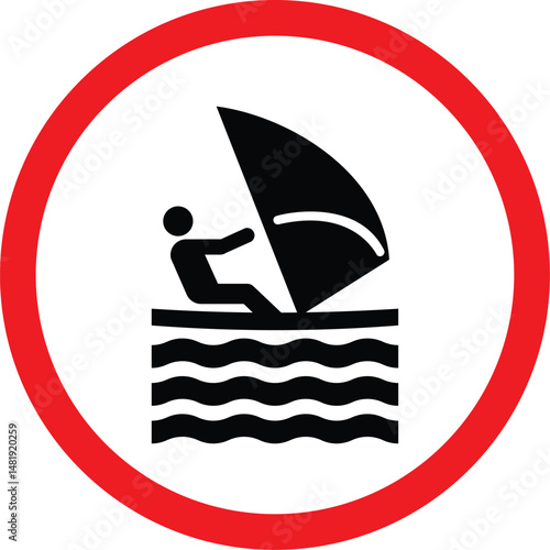 no windsurfing allowed sign with person on sailboard icon inside red circle for restricted water zones