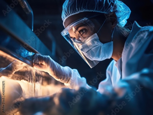 Scientist working in a laboratory at night, examining samples with gloves and protective gear