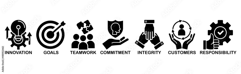 Core values banner web icon vector illustration concept with icon of innovation, goals, teamwork, commitment, integrity, customers, and responsibility Core values banner web icon vector illustration concept with icon of innovation, goals, teamwork, commitment, integrity, customers, and responsibility