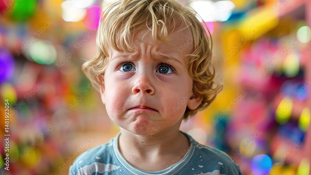 Emotional toddler experiences surprise in a colorful toy store filled with sparkly toys and bright lights Emotional toddler experiences surprise in a colorful toy store filled with sparkly toys and bright lights