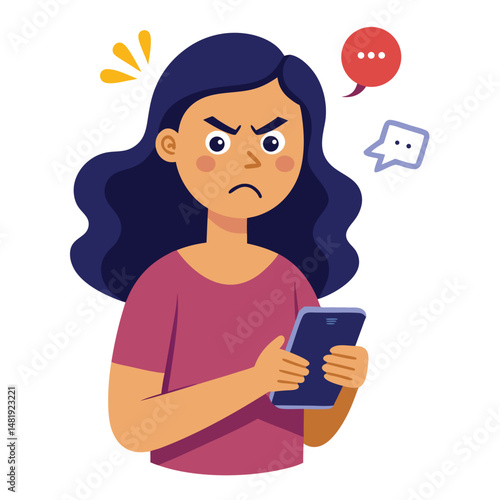 Angry woman online, texting hate comment on mobile phone. Aggressive person with smartphone, chatting in social media, internet conflict. Flat vector illustration isolated on white background 