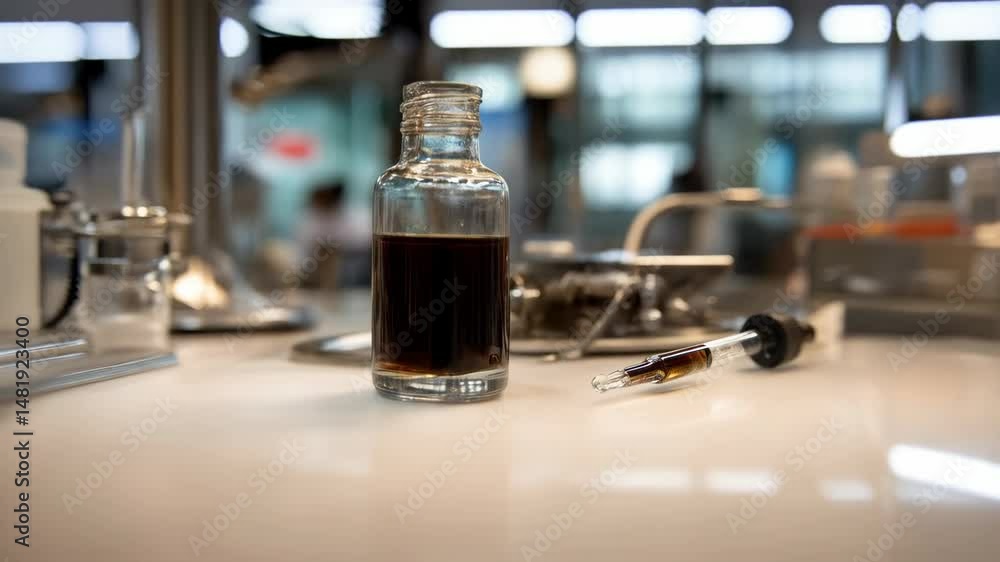 Glass bottle filled with dark liquid, beside a clear dropper with medicine on a laboratory table used for science.
