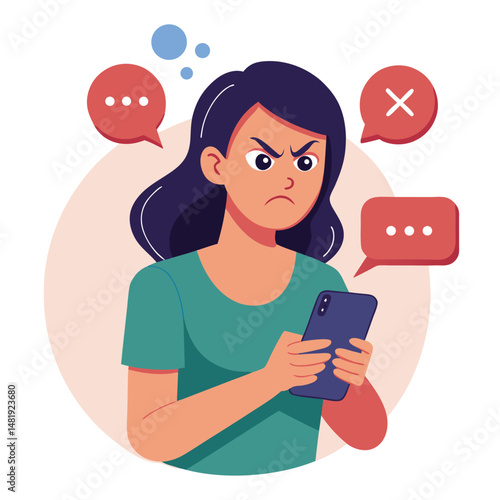 Angry woman online, texting hate comment on mobile phone. Aggressive person with smartphone, chatting in social media, internet conflict. Flat vector illustration isolated on white background 