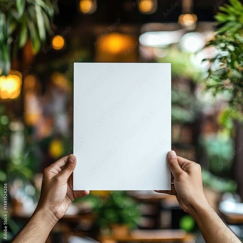 Blank paper held in hands against a blurred cafe background Blank paper held in hands against a blurred cafe background