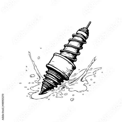 Monochrome illustration of an auger boring a hole, creating a dynamic visual effect