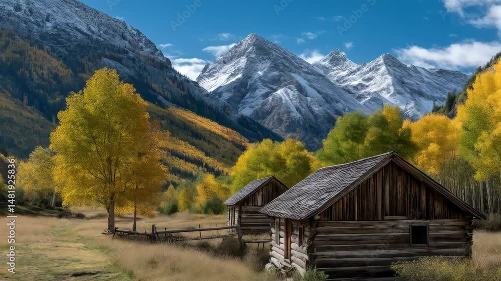 Rustic log cabins nestled amongst golden aspen trees with snow-capped mountains under a blue sky Rustic log cabins nestled amongst golden aspen trees with snow-capped mountains under a blue sky