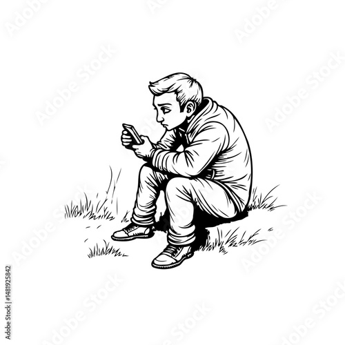 Monochrome contemplation: A figure absorbed by phone in thoughtful solitude