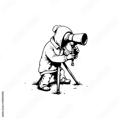 Whimsical illustration of a child observing with a telescope and tripod in monochrome
