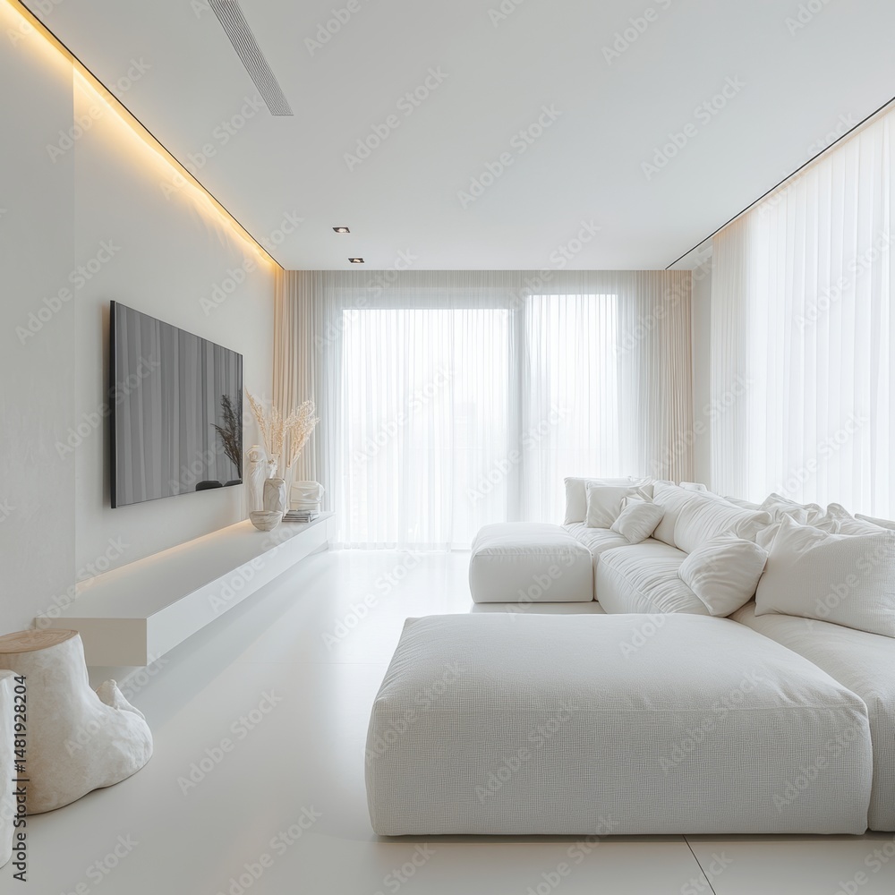 Fototapeta premium Modern Minimalist Living Room with White Sofa and Wall Art