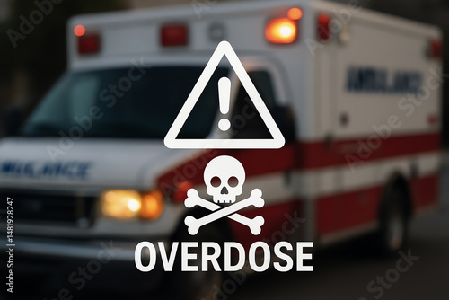 Obraz na płótnie An ambulance illuminated with emergency lights, symbolizing urgency, juxtaposed with a warning about drug overdose. A stark reminder of a critical issue. w salonie