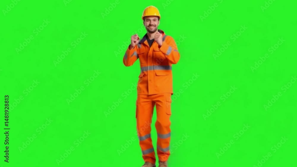 Energetic Worker in Protective Gear: A construction worker, clad in vibrant orange overalls and a yellow helmet, dances with carefree energy against a bright green backdrop, expressing joy. Energetic Worker in Protective Gear: A construction worker, clad in vibrant orange overalls and a yellow helmet, dances with carefree energy against a bright green backdrop, expressing joy.