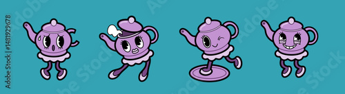 Set of cute purple teapot cartoon characters in retro rubber hose style. Each teapot has a different facial expression and pose, perfect for children’s content, animation projects, mascots, or whimsic