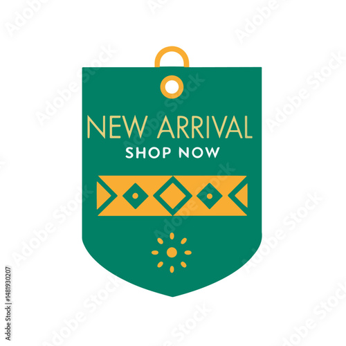 New  Arrival - shop now beg design. Clothes tag layout with message pointing on new item from renewed collection. Vector illustration.