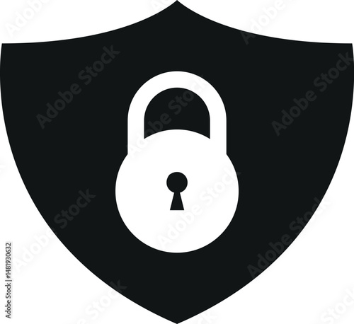 black shield with white padlock symbol representing data protection and privacy security icon	