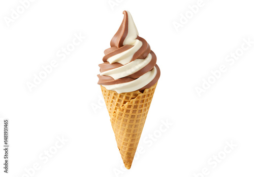 chocolate and vanilla swirl soft serve ice cream in waffle cone isolated on transparent background Generative Ai.
