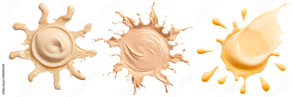 Fototapeta premium 3 sun shaes of yellow paint / cream / fundation splashes summer element; concept of sun protection, suncream, sunscreen isolated over white (transparent) background