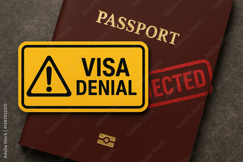 A close-up of a passport marked with a visa denial sign, illustrating the frustration and obstacles faced during international travel.