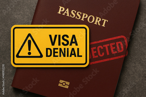 Obraz na płótnie A close-up of a passport marked with a visa denial sign, illustrating the frustration and obstacles faced during international travel. w salonie