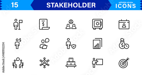 Stakeholder Management Icons for Business and Project Strategy. A professional collection of vector symbols representing roles, interests, and influence.