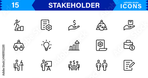 Stakeholder Management Icons for Business and Project Strategy. A professional collection of vector symbols representing roles, interests, and influence.
