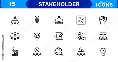 Stakeholder Management Icons for Business and Project Strategy. A professional collection of vector symbols representing roles, interests, and influence.