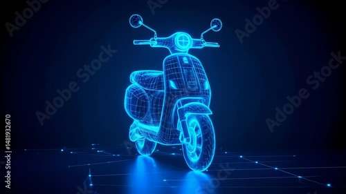 Futuristic Electric Scooter in Blue Digital Design with Glowing Data Connections