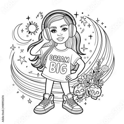 This coloring book page features a motivational theme Adventures of Young Dreamers