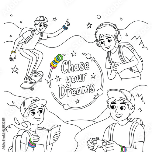 This coloring book page features a motivational theme Adventures of Young Dreamers