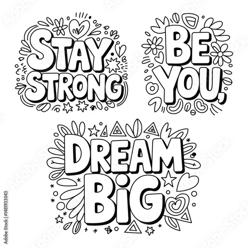 This coloring book page features a motivational theme Adventures of Young Dreamers