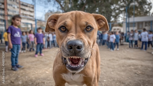 Fierce expression of an angry stray dog snarling outdoors in an urban setting with onlookers in background
