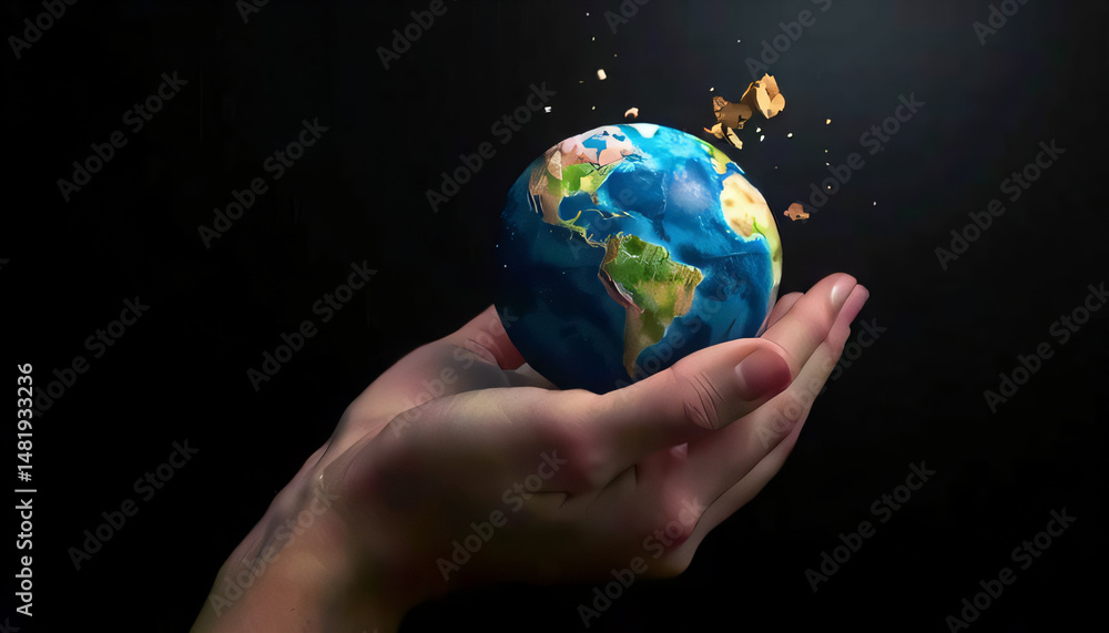 Hand Holding Earth with Cracks – Fragility of Our Planet Hand Holding Earth with Cracks – Fragility of Our Planet