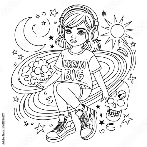 This coloring book page features a motivational theme Adventures of Young Dreamers