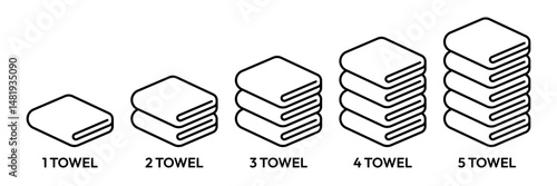 Hotel bath towel icon set. Folded towels. Stacked textile fabric, fluffy roll for spa and kitchen, vector illustration of folded and hanging items for bathroom isolated on white background.