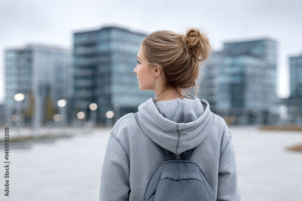Fototapeta premium Young woman walking in modern urban environment observing cityscape for inspiration