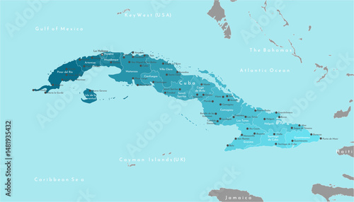 Vector creative illustration. Simplified geographical map of Cuba and Bahamas, Haiti, Jamaica, Cayman islands. Blue background of ocean. Names of cities and provinces.