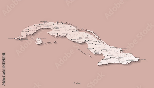 Vector illustration. Simplified geographical map of Cuba in beige colors. Brown background. Names of cities and provinces.