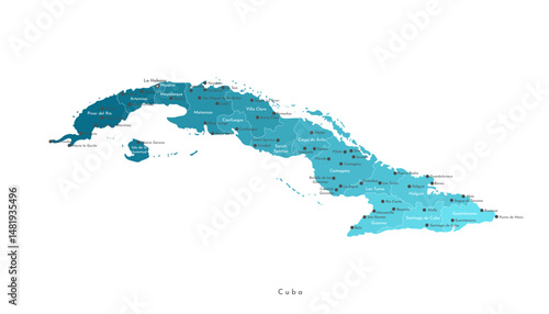 Vector isolated illustration. Simplified geographical map of Cuba in blue colors. White background. Names of cities and provinces.