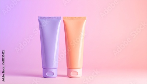 Wallpaper Mural Pastel colored cosmetic tubes on pink background representing beauty products and skincare Torontodigital.ca