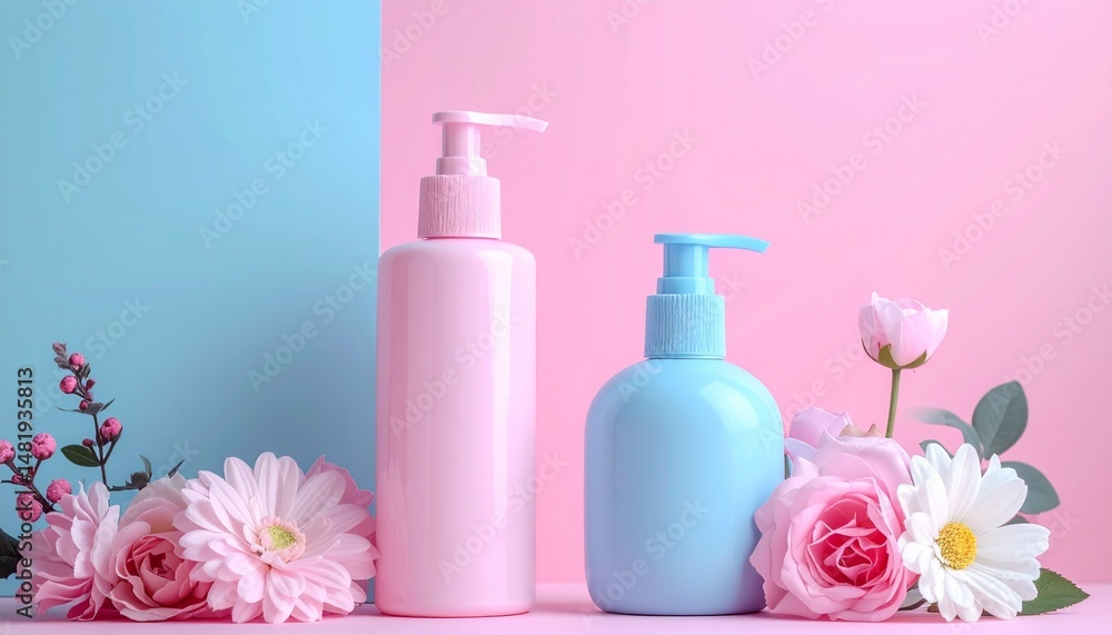 Pastel colored pump bottles with fresh flowers perfect for beauty and cosmetic product advertising. Pastel colored pump bottles with fresh flowers perfect for beauty and cosmetic product advertising.