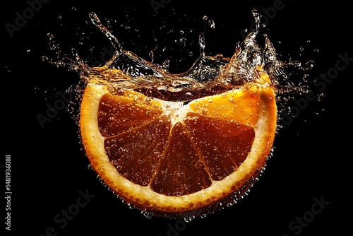 Fresh orange slice splashing in water.