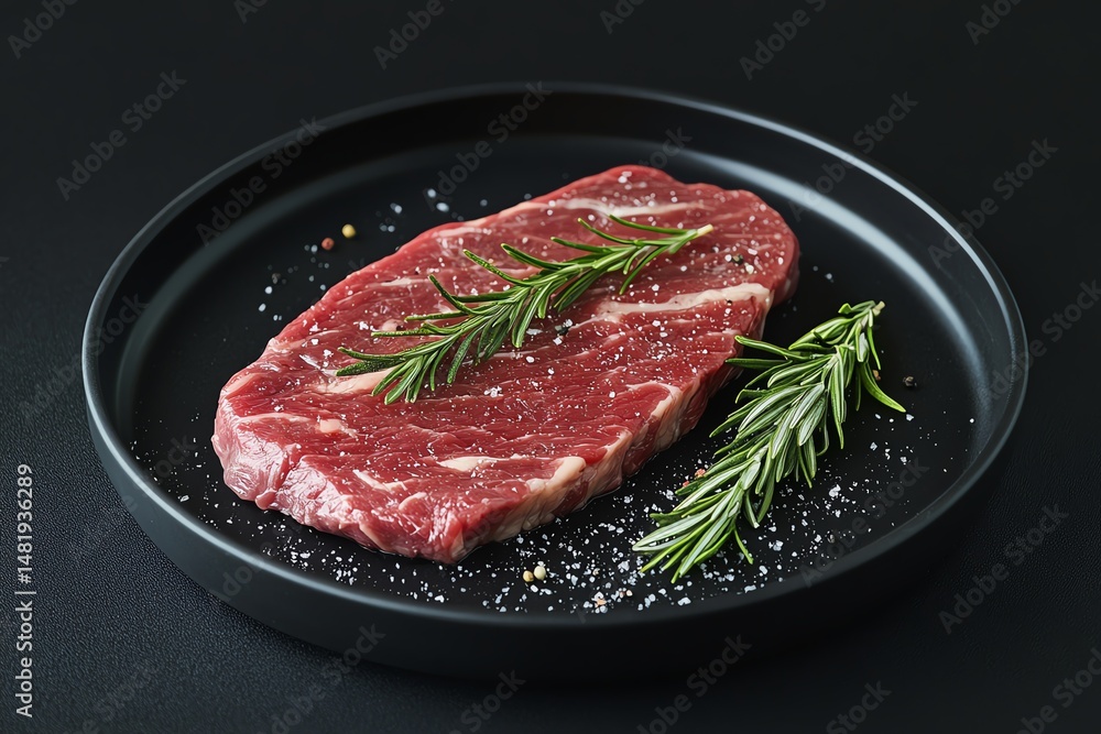 Fresh raw steak with herbs on a plate. Fresh raw steak with herbs on a plate.