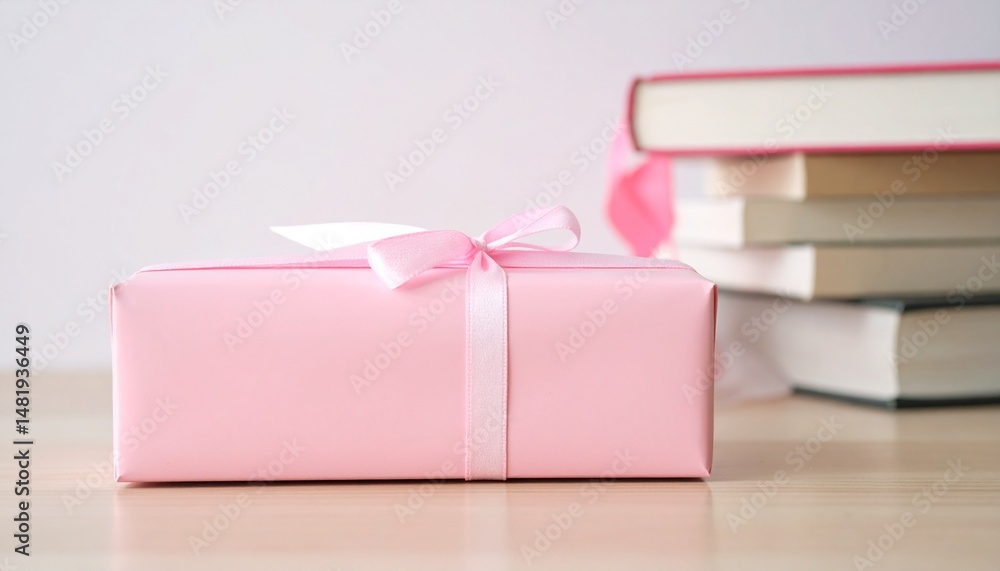 Fototapeta premium Pink gift box with ribbon and a stack of books on a wooden surface