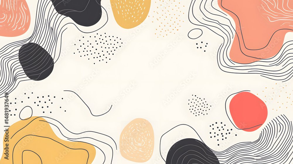 Fototapeta premium Abstract background with organic shapes in warm colors and intricate line patterns.